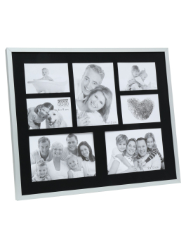 Multifotolijst in mat zilverkleur met zwarte passe-partout voor 7 foto's